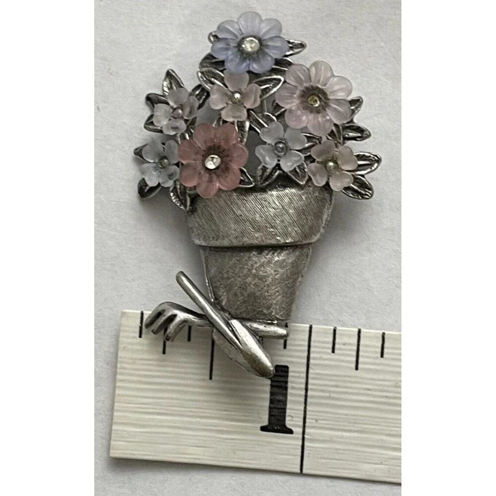 Vintage Signed Lia Flower in Pot with Gardening Tools Brooch Silver Tone